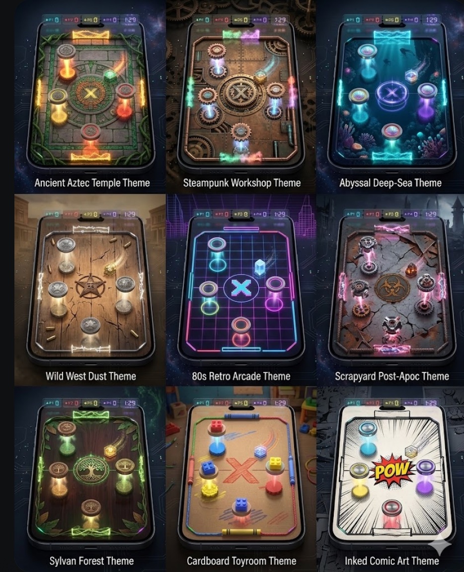 DiscClash arena themes - Aztec, Steampunk, Deep Sea, Wild West, Retro Arcade, Scrapyard, Forest, Toyroom, Comic